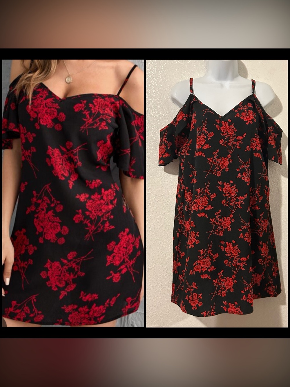 SHEIN Black Adjustable Straps Flowy Slip Dress with Red Floral Print Large